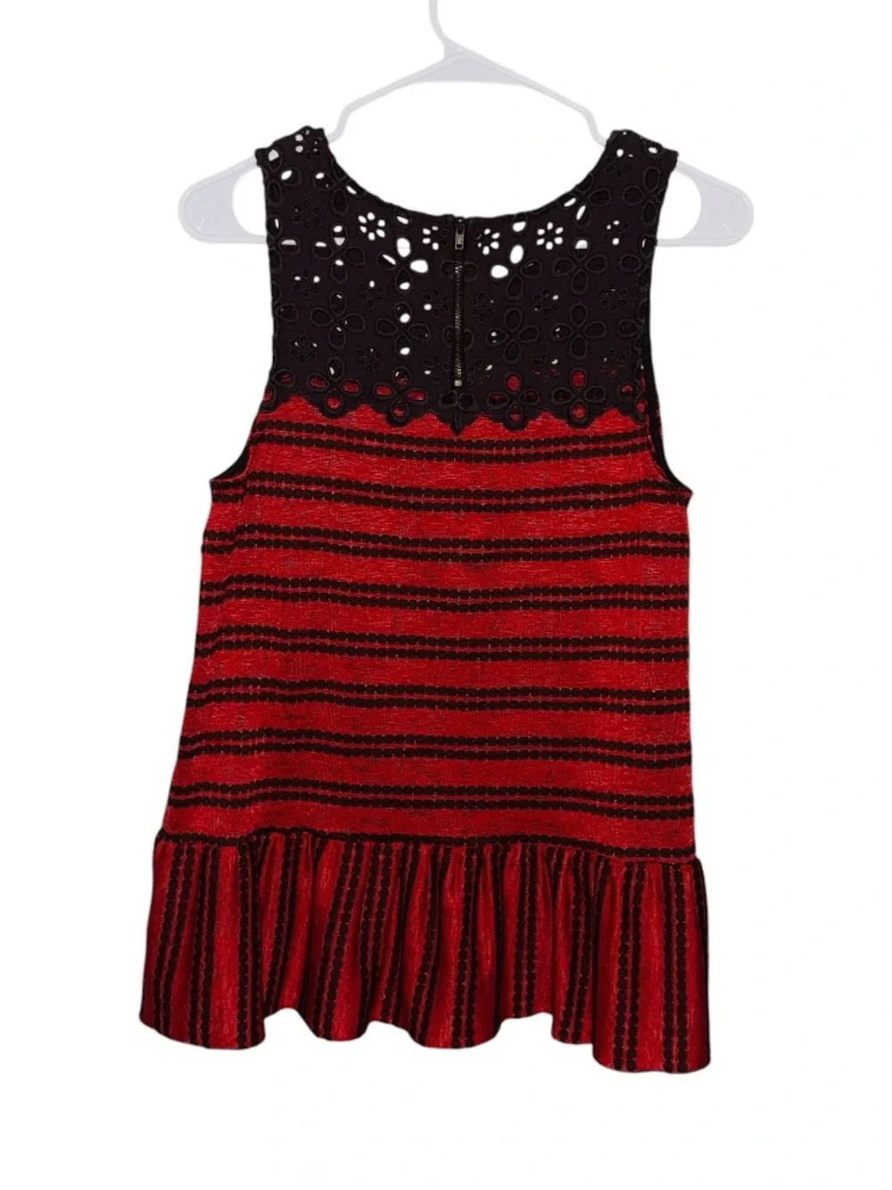 Free People Brown/Red Boho Sleeveless Red Striped Eyelet Western Peplum Top